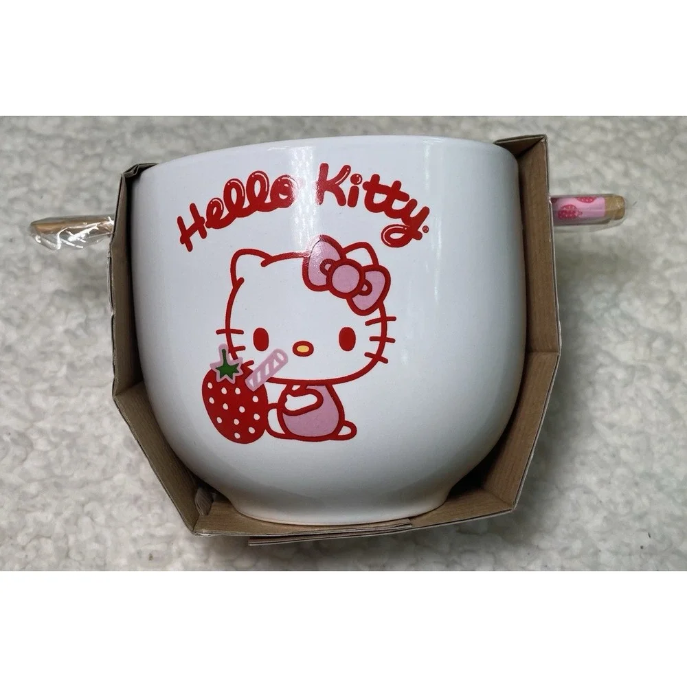 NWT SANRIO HELLO KITTY STRAWBERRY CERAMIC 16 oz RAMEN NOODLE BOWL & CHOPSTICKS